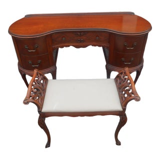 1910 Antique Mahogany Kidney Shape Vanity With Bench For Sale