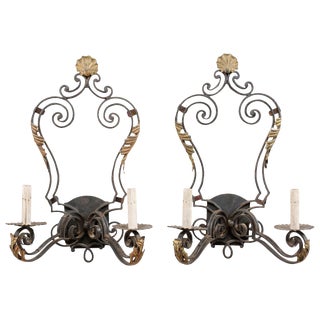 French Mid-20th Century Black and Gold Iron Sconces - a Pair For Sale