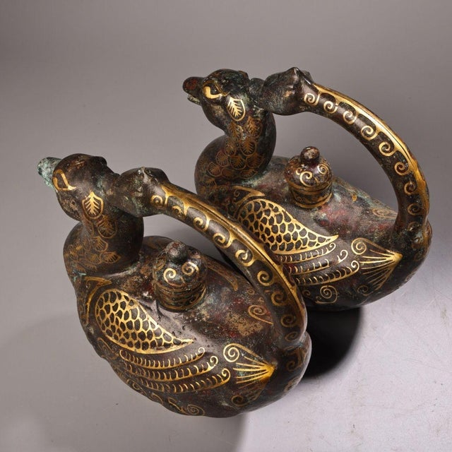 Pair of Antique Gold-Inlaid Bronze Phoenix Vessels – 8.3" Archaic Style Ewers For Sale - Image 4 of 10