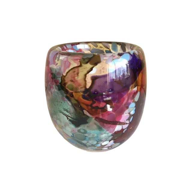 A great vintage signed 1988 John Gerletti colorful hand blown abstract art glass wide mouth contemporary vase. Please see...