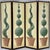 Hand-painted four-panel wood screen featuring blooming topiaries in classical terracotta pots set against a warm yellow...