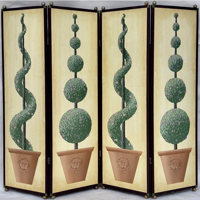 Hand-painted four-panel wood screen featuring blooming topiaries in classical terracotta pots set against a warm yellow...