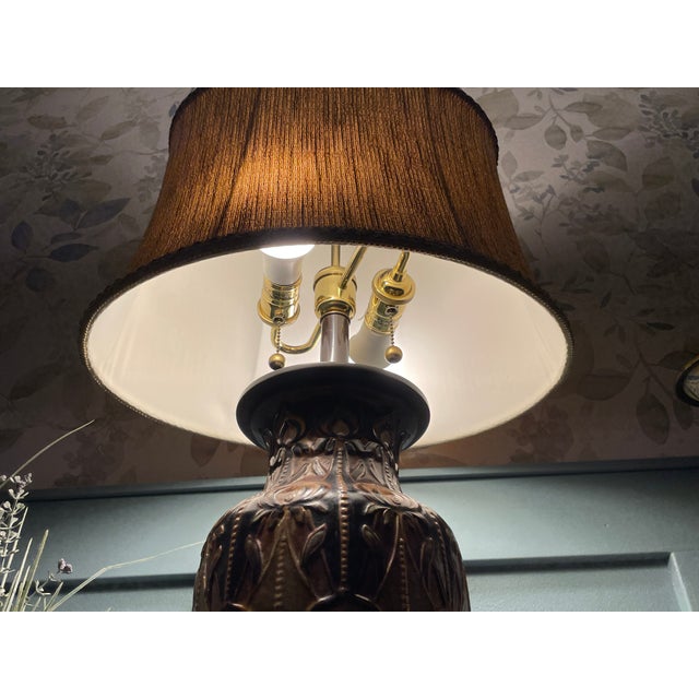 Designer Frederick Cooper Art Nouveau Style Ceramic Table Lamp With Original Woven Shade For Sale - Image 10 of 18