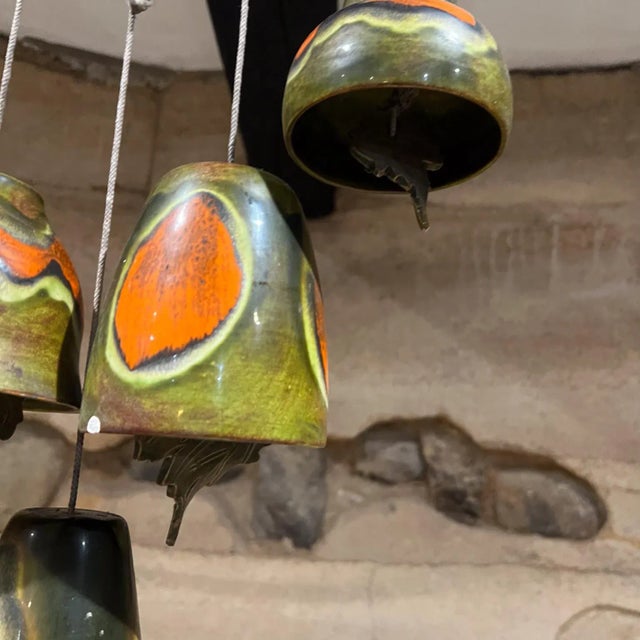 AMBIANIC presents 1980s Handcrafted Vintage Artisan Wind Bell Ceramic and wood chime 21.75 tall x 19 w x 5.25 Preowned...