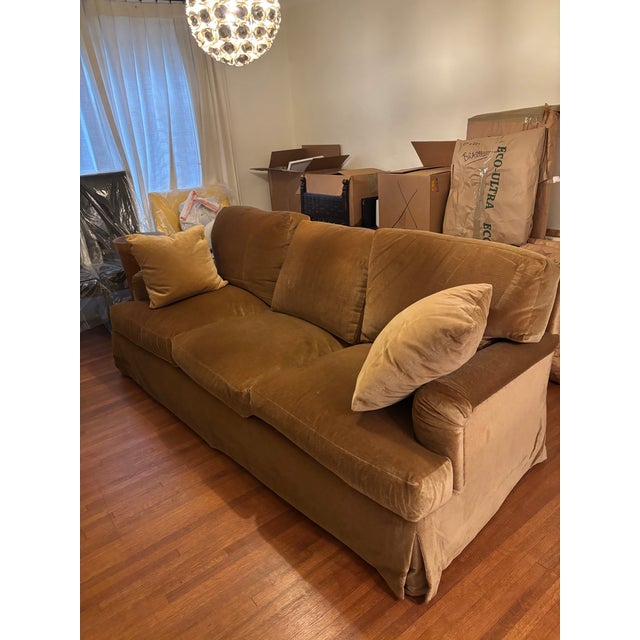 Hand crafted luxury sofa in camel velvet produced for a custom order by Classic Design. It is filled with down and no...