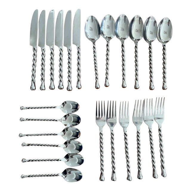 Vintage Stainless Steel Cutlery Service with Twisted Handles, 1990s, Set of 24 For Sale