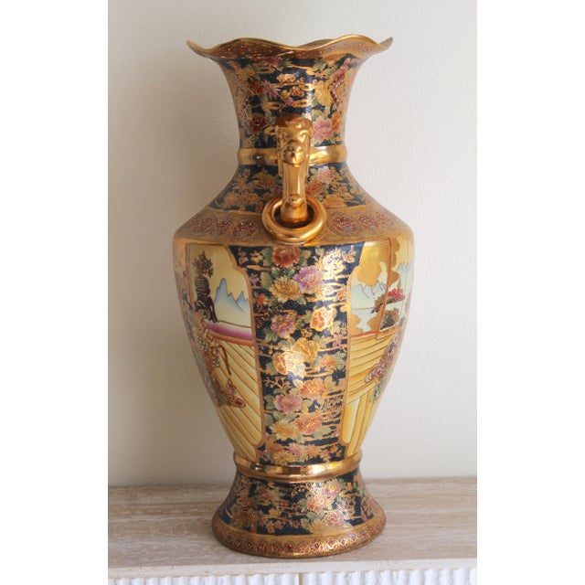 Ceramic Vintage Royal Satsuma-Style 24" Porcelain Floor Vase – Gold Gilt & Dragon Handles For Sale - Image 7 of 18