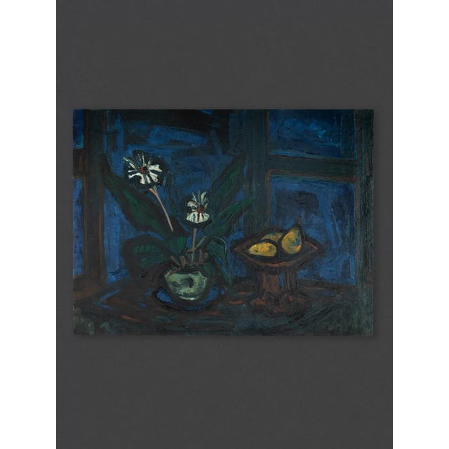 Still life with flower and pear in dark environment. Backed with a polished frame made of wood. Modern look, as the...