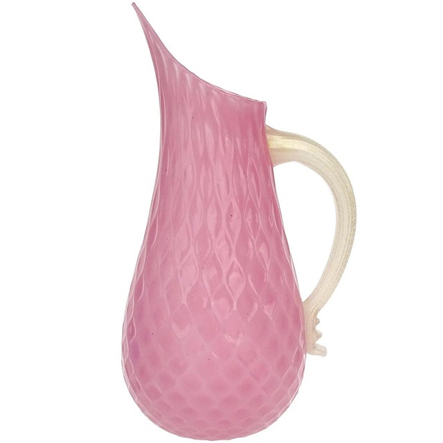 Murano Vintage Pink White Opal Gold Flecks Diamond Quilted Surface Italian Art Glass Pitcher Flower Vase For Sale - Image 12 of 12