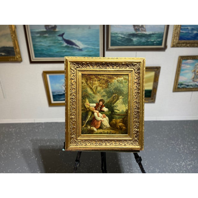 Elegant antique original oil painting on canvas depicting a romantic pastoral scene inspired by 19th-century European...