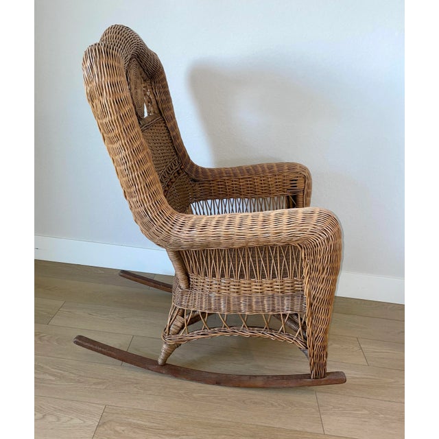 Mid 20th Century Vintage Cottage Chic Wicker Rattan Medallion Wingback Adult Rocking Chair For Sale In Denver - Image 6 of 12