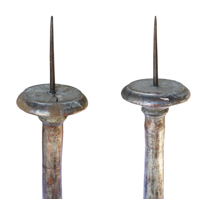 56” Tall Rare Pair of 18th-Century Italian Silvered & Giltwood Ecclesiastical Altar Prickets For Sale - Image 14 of 18