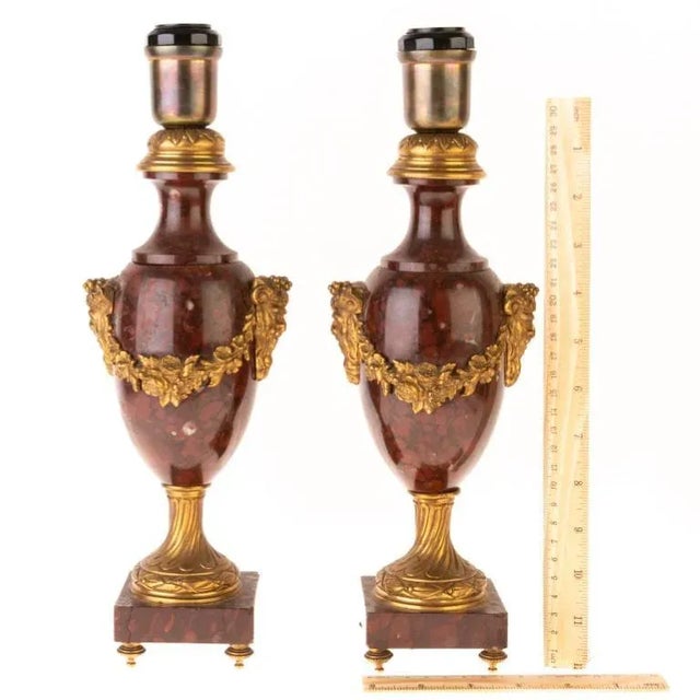 Antique French Rouge Marble & Bronze Satyrs Table Lamps, Set of 2 For Sale - Image 16 of 17