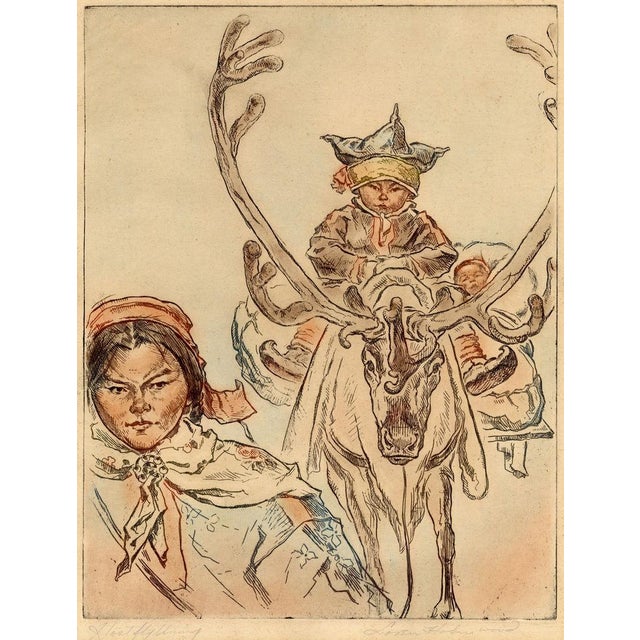 An original c.1936 etching print – Loren Holmwood, Sámi with Reindeer 'Höstflytning', Northern Norway. A compelling...