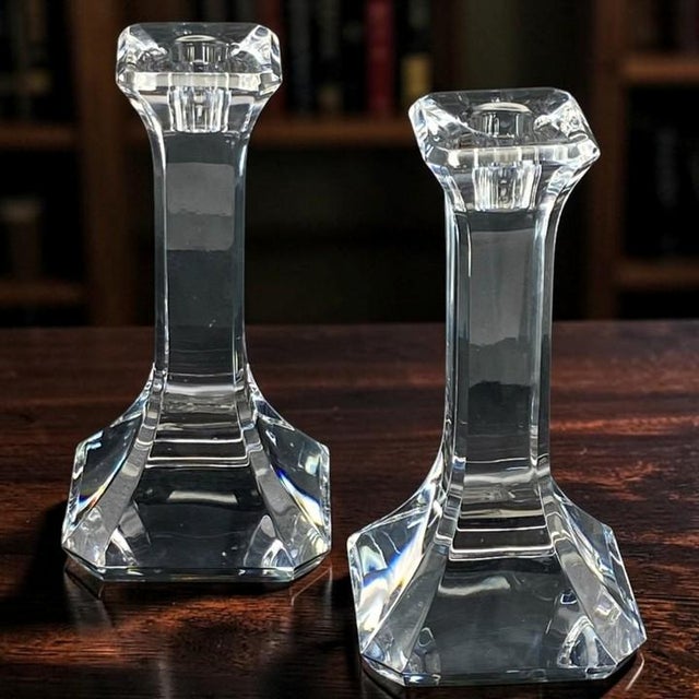 Pair of Orrefors Crystal “Regina” Candlesticks (Tall 7 5/8”) Signed by Olle Alberius (4536-65 Vintage 1990s, Sweden) For Sale - Image 15 of 15