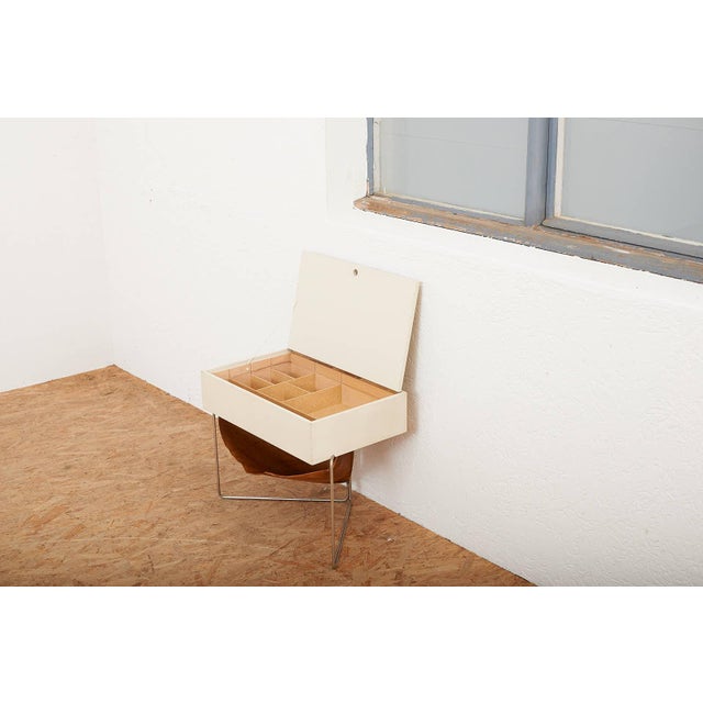 Folding Metal Frame Box with Leather Compartment in White Painted Plywood from Wohnhilfe, 1950s For Sale - Image 10 of 12