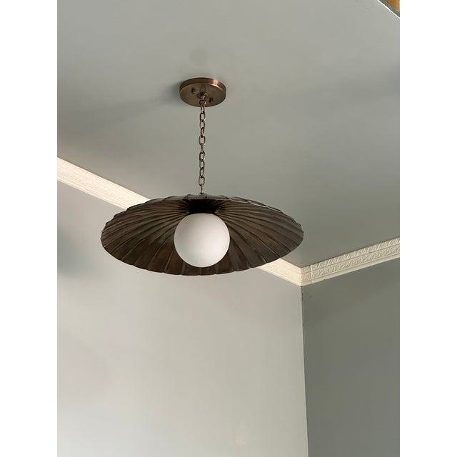 Not Yet Made - Made To Order Brass Flush Mount Ceiling Light With Adjustable Chain and Milk Glass Globe For Sale - Image 5 of 7