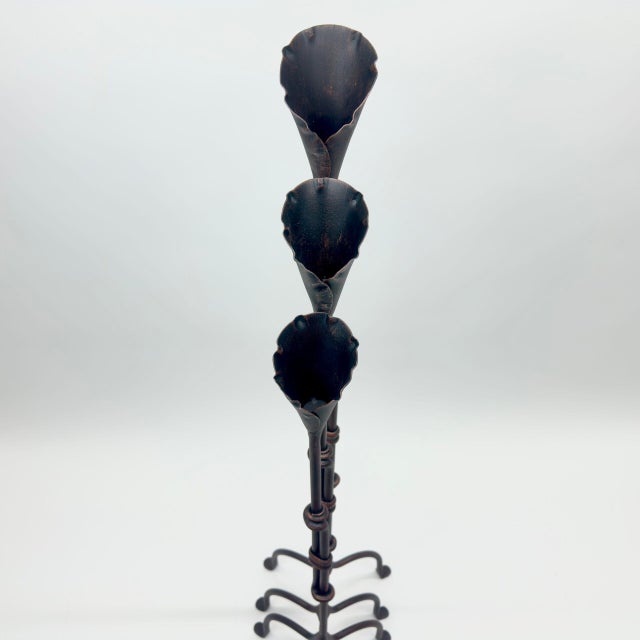 Hand Forged Iron Candelabra Set of 3 (87-107cm) Antique Copper Finish Sculptural Calla Lily Floor Set For Sale - Image 4 of 6