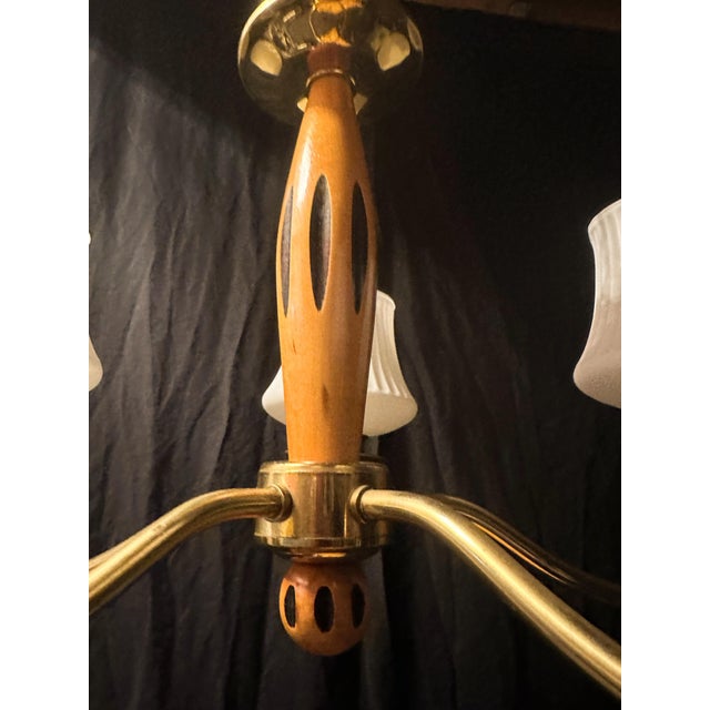 Wood 1960s Brass and Wood Midcentury Modern 5-Light Chandelier With Fluted Frosted-Glass Shades For Sale - Image 7 of 12