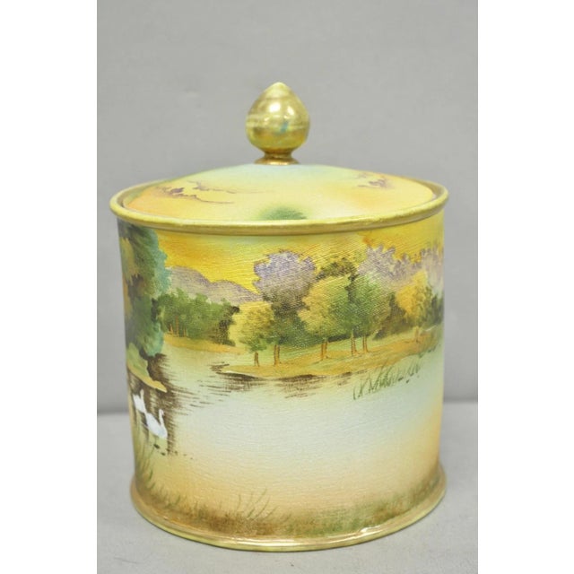 Antique Nippon Hand Painted "Tapestry" Porcelain Lake & Duck Humidor Biscuit Jar For Sale - Image 9 of 18