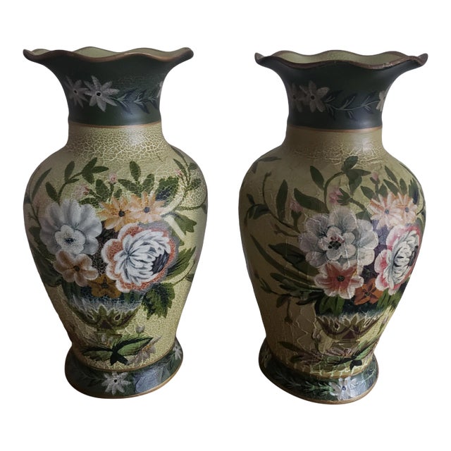 Vintage 1970s Hand Crackled Painted Ceramic Vases - a Pair For Sale