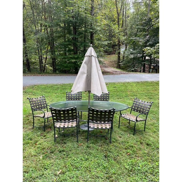 Amazing wrought aluminum patio and garden outdoor furniture dining suite by Brown Jordan. From the Roma Strap collection,...