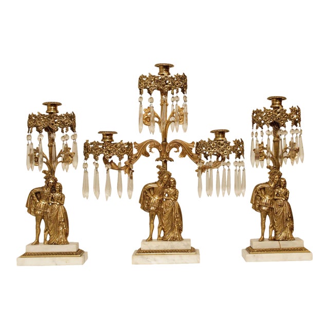 Antique Victorian Brass Marble Base Girandole Candelabra - 3 Pieces For Sale