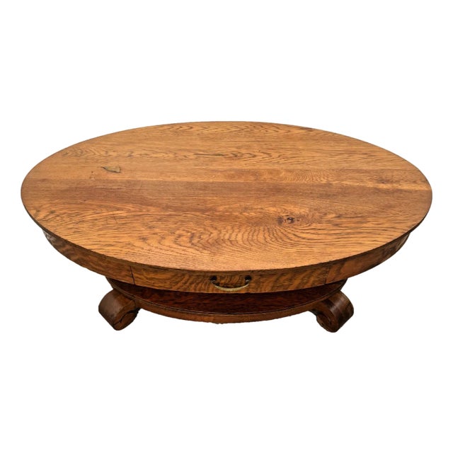 Antique Oval Coffee Table Tiger Oak Center Drawer Shelf Columns Empire Style For Sale
