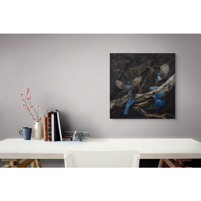 Stellar Jays on Birch by Terra Novak | Oil on wood Blue jays perched on a birch branch. For Sale - Image 4 of 5