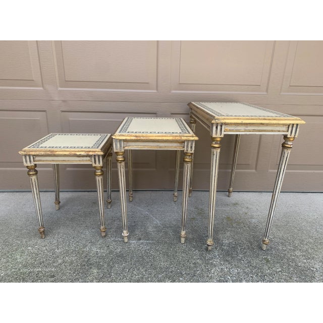 Italian Greek Key Nesting Tables in Aged Silver Leaf & Gilt, Set of Three For Sale - Image 11 of 13