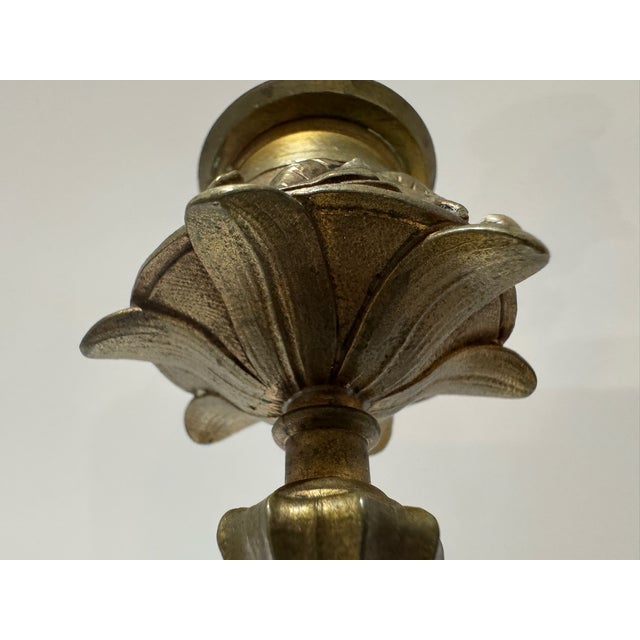 Early 19th Century Pair Ornate Gothic Revival Brass Candlesticks Hoof Feet Floral Tripod Bases For Sale - Image 9 of 9