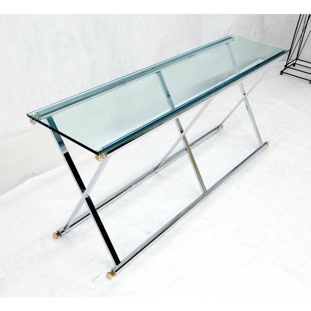 Maison Jansen Chrome X Base Glass Top Long Console Sofa Table Mid Century Modern c1970s For Sale - Image 4 of 12