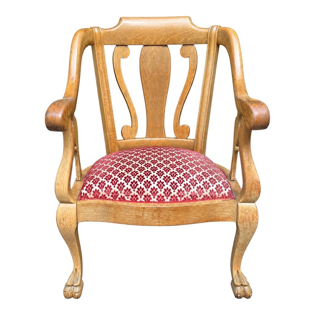 Vintage Queen Anne Solid Oak Occasional Chair With Intricately Carved Ball and Claw Feet For Sale