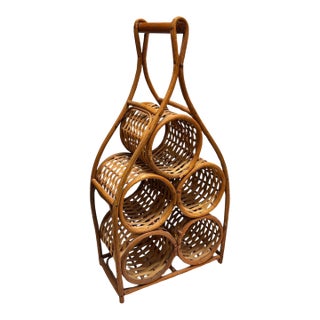 Vintage Rattan Six-Bottle Wine Rack With Carry Handle For Sale