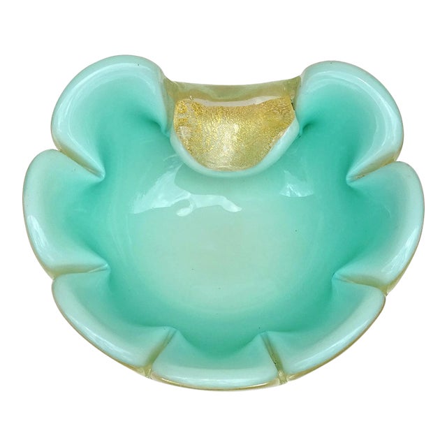 Vintage Murano Seguso Gold Flecks Aqua Green Celadon Italian Art Glass Scalloped Flower Bowl Dish For Sale