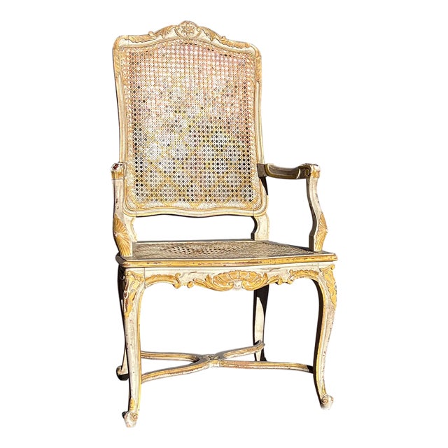 1950s Louis XV Style Painted Country French Cane Back Armchair For Sale