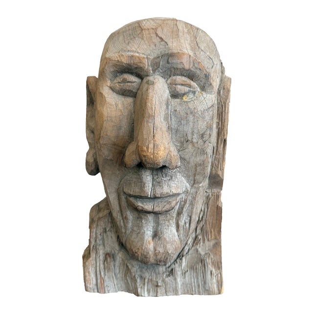 Primitive Boho Hand-Carved Wood Bust For Sale