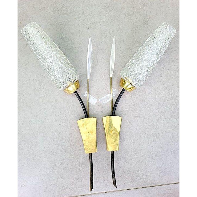 Maison Arlus Double Lights Sconces in Brass and Glass, Mid-Century France - a Pair For Sale - Image 9 of 9