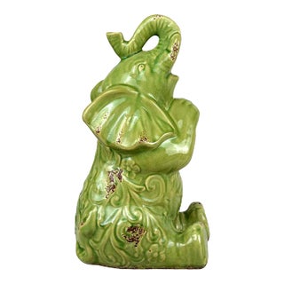 Vintage Boho Avocado Green Porcelain Floral Elephant Sculpture - 16" For Sale