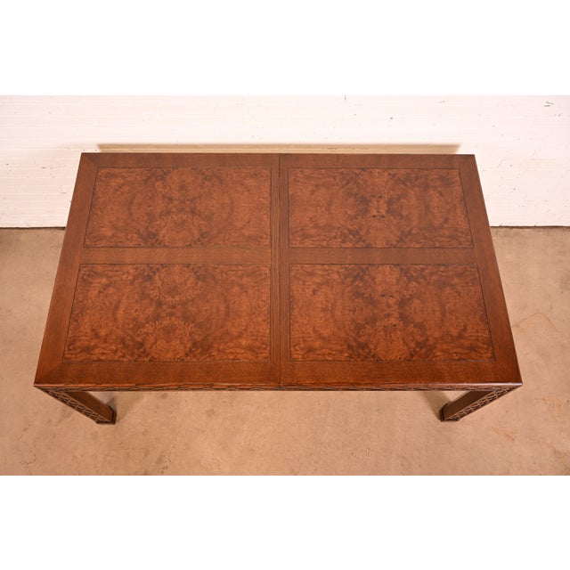 Henredon Mid-Century Modern Hollywood Regency Oak and Burl Wood Extension Dining Table, Newly Refinished For Sale - Image 11 of 15