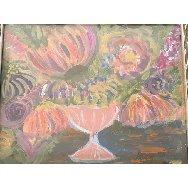 1950s Abstract Still Life Bouquet Art Painting Artist Signed For Sale - Image 4 of 6