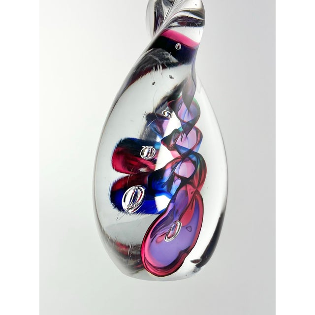1990s Adam Jablonski Art Glass Teardrop Swirl Ribbon Purple Blue Paperweight Sculpture For Sale - Image 4 of 9