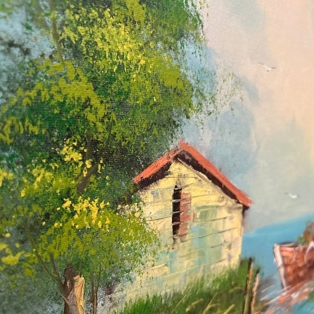 Vintage Oil Painting on Canvas Coastal Scene W/ Boats and House by C. Gibbs Framed For Sale In Chicago - Image 6 of 12