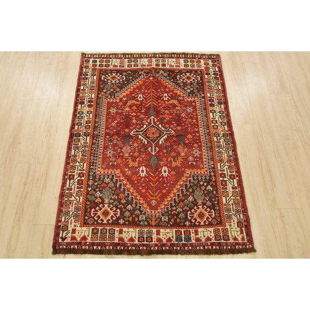Tribal Shiraz Rug 3’10” X 5′ Red Wool Vintage Tribal Hand-Knotted Oriental Carpet For Sale - Image 3 of 13