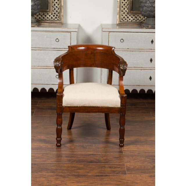 French 1830s Restauration Period Mahogany Armchair with Carved Rams' Heads For Sale In Atlanta - Image 6 of 12