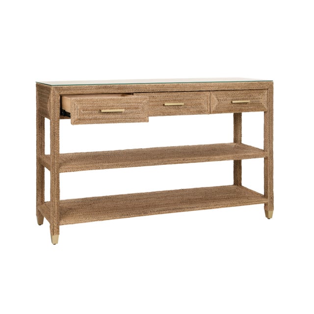 Rustic Matthew Izzo Home Cassie Wrapped Rope Three Drawer Console With Satin Brass Details and Glass Top For Sale - Image 3 of 7