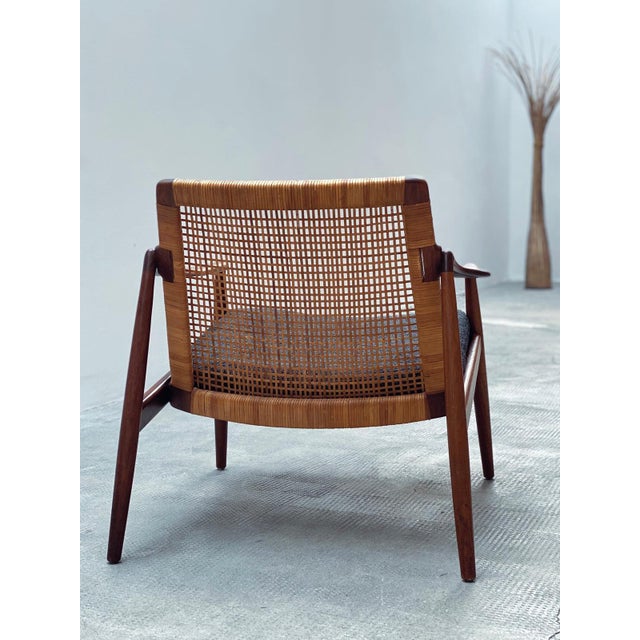 Beautiful and rare set of 2 Hartmut Lohmeyer for Wilkhahn model 400 teak armchair with rattan cane backrest and bouclé...