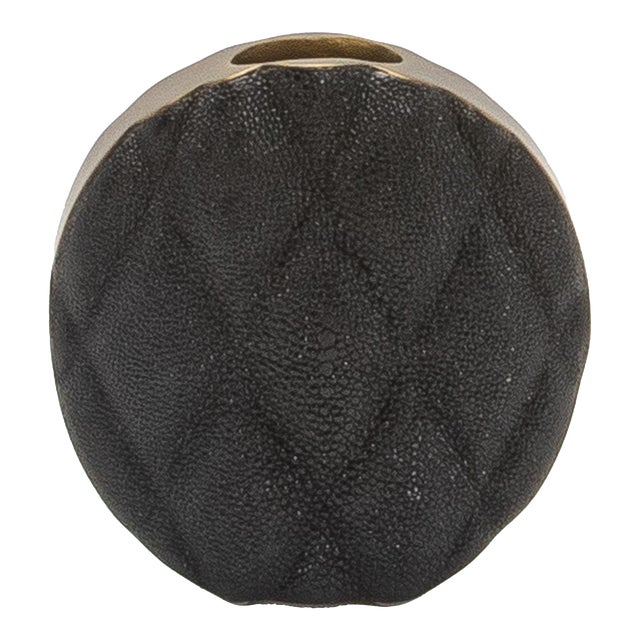 Modern Quilted Vase in Black Shagreen With Brass Details by Kifu Paris For Sale