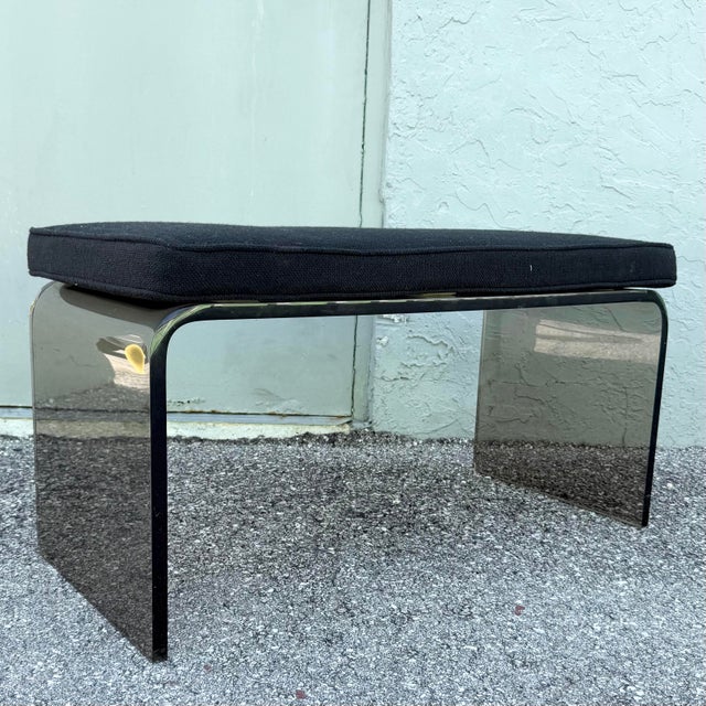 Mid Century Modern Smoked Lucite Waterfall Bench With Black Cushion For Sale - Image 4 of 10