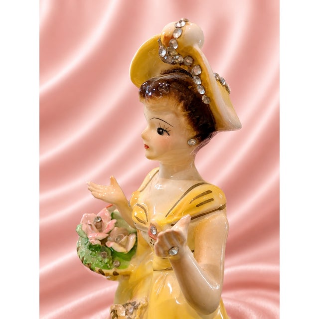 1950s Japanese Porcelain Lady Figurine in Yellow Gown With Rhinestones & Flowers For Sale - Image 6 of 11